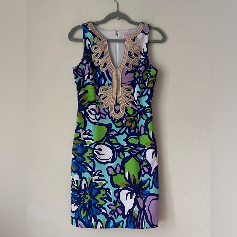 Lilly Pulitzer Janice Knit Sz S Shift Dress Spectrum Blue Floral Print Gold Trim